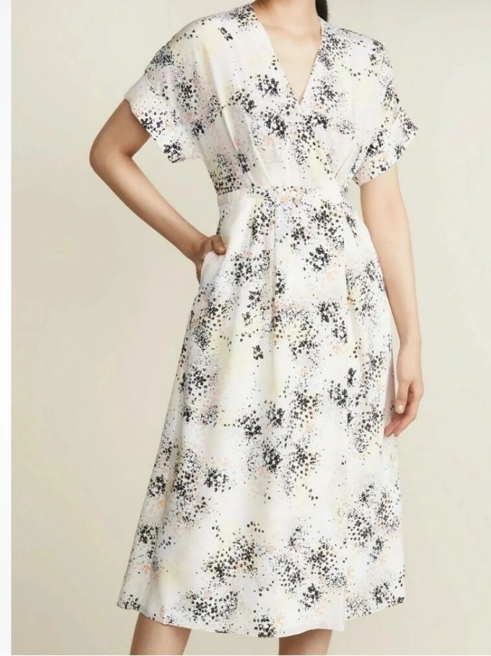 EQUIPMENT TAVINE SILK KIMONO SLEEVES WRAP MIDI DRESS PRINT ECRU 00